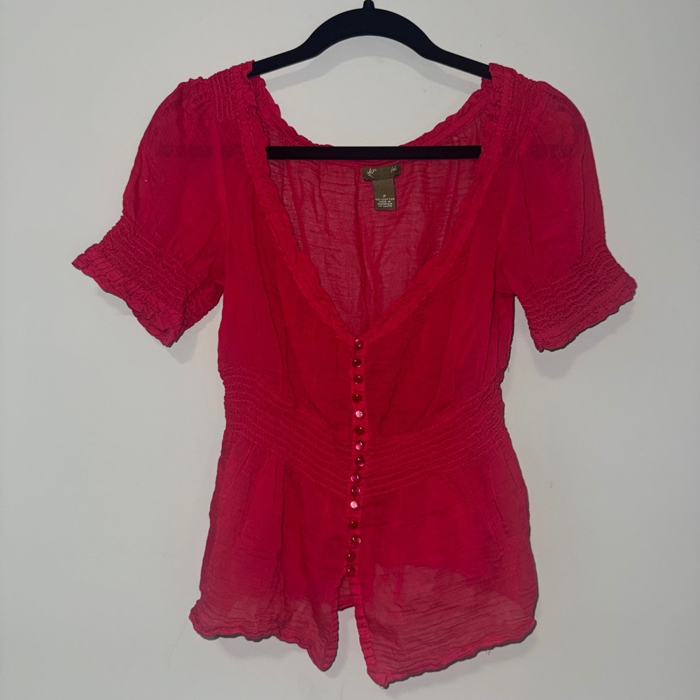 Fei Anthropologie Fuschia Cotton Gauze Smocked Peplum Blouse Size 2 Boho